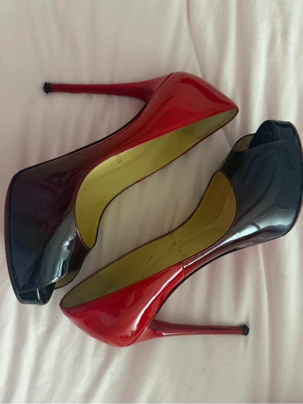 Christian Louboutin Red and Black Patent Leather Peep-Toe Stilettos